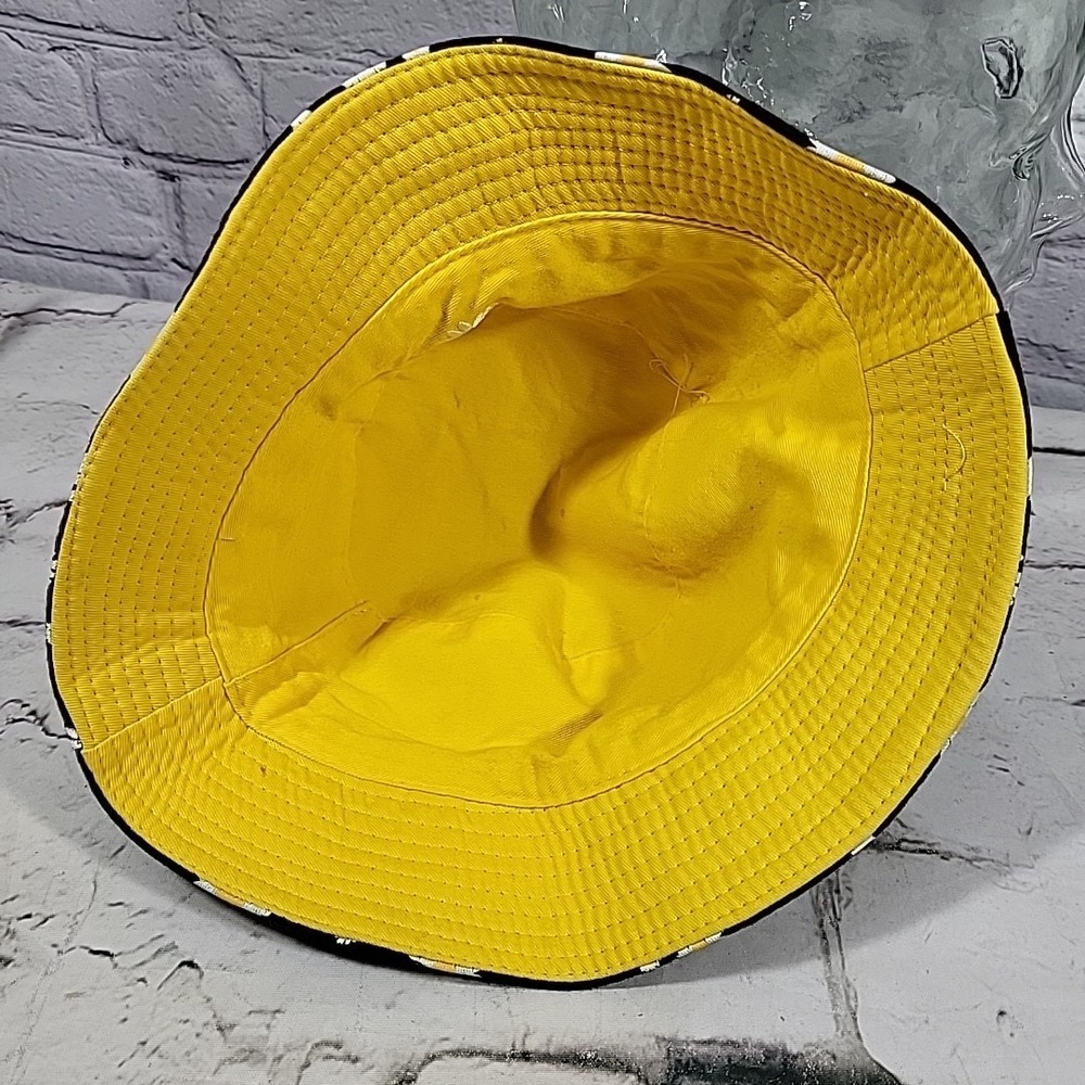 Retro Y2K Bucket Hat Womens OS Black Yellow Reversible Daisy‎ Print Sun Cap - Picture 10 of 11